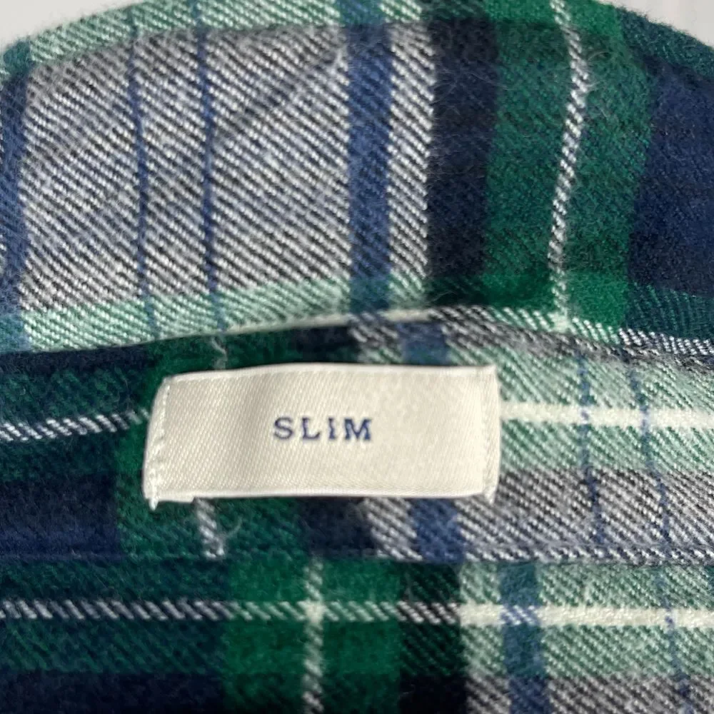 J.‎ Crew-Double Brushed Flannel Plaid Button Down Shirt-Slim Fit -Green Navy-XL